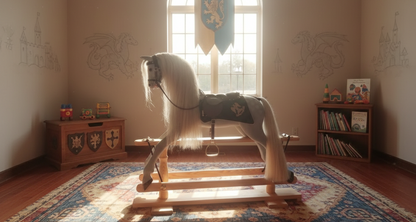 A white wooden rocking horse with a dark saddle sits in a sunlit medieval-style room with an arched window, patterned rug, and castle drawings on the walls.