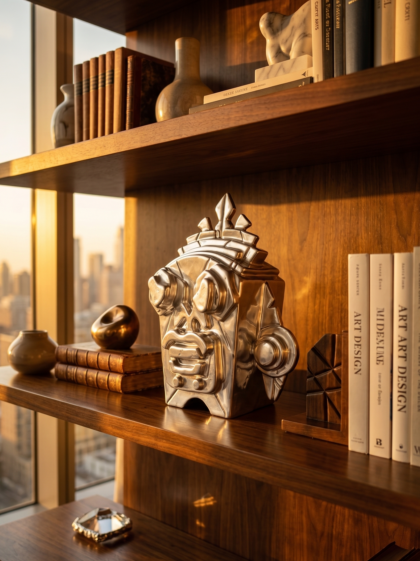 Decorative bookshelf with books and a metallic sculpture, sun setting through window.