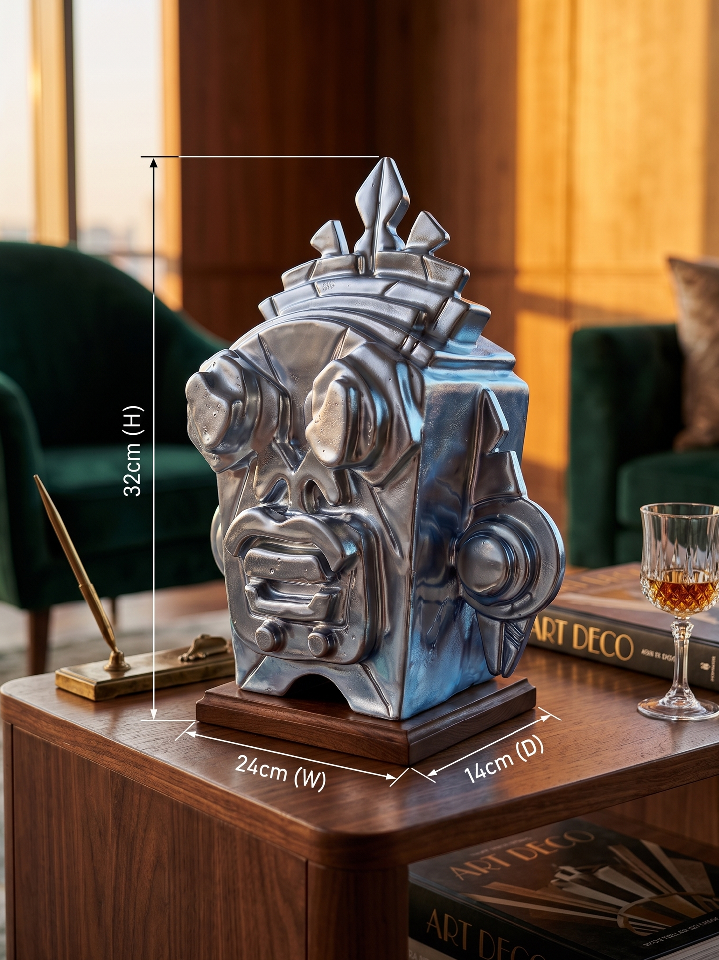 Decorative head sculpture on a wooden table with books and a glass of wine in a cozy room.