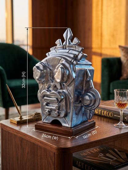 Decorative head sculpture on a wooden table with books and a glass of wine in a cozy room.