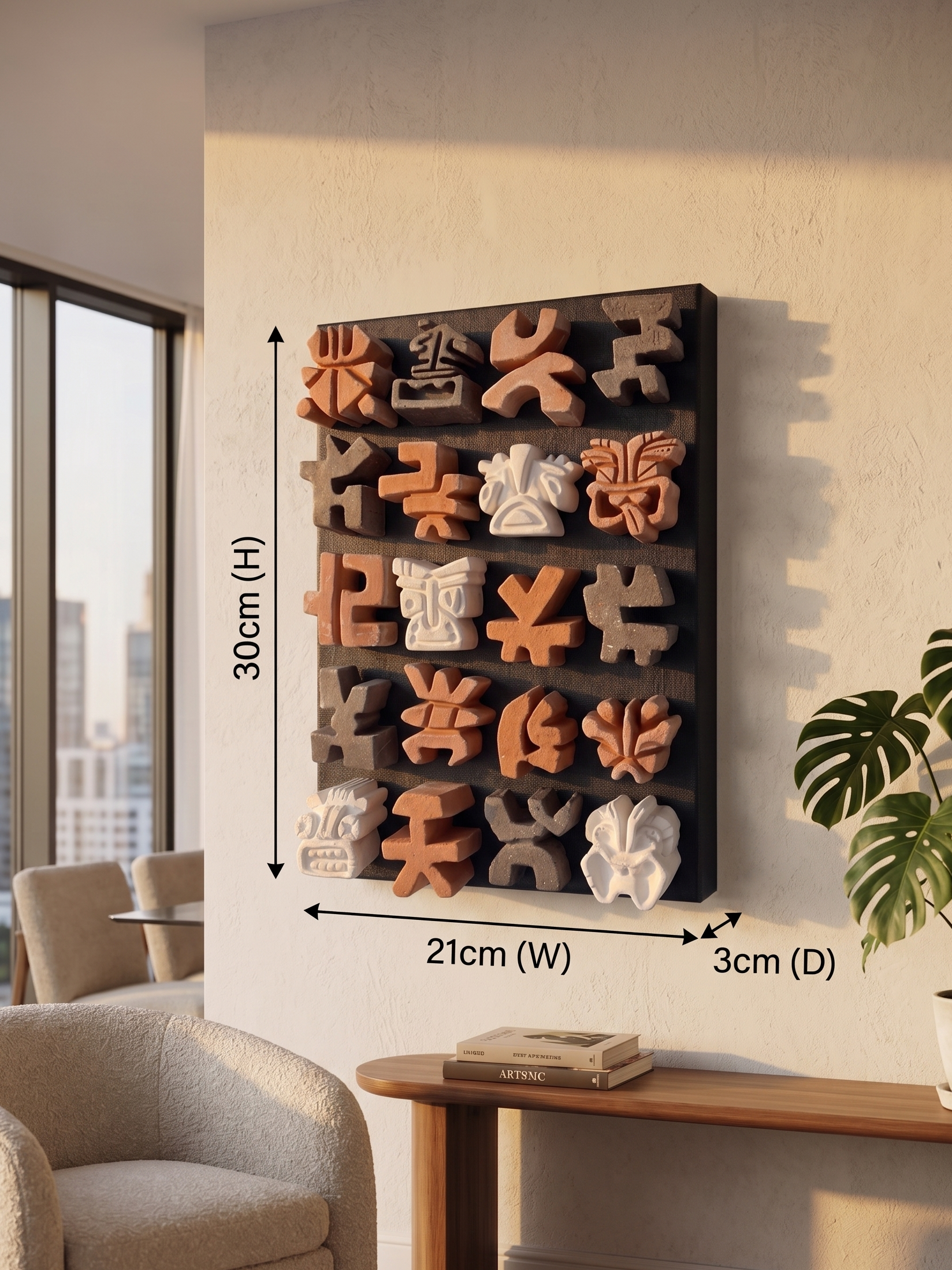 Decorative wall art with wooden letters in a living room setting