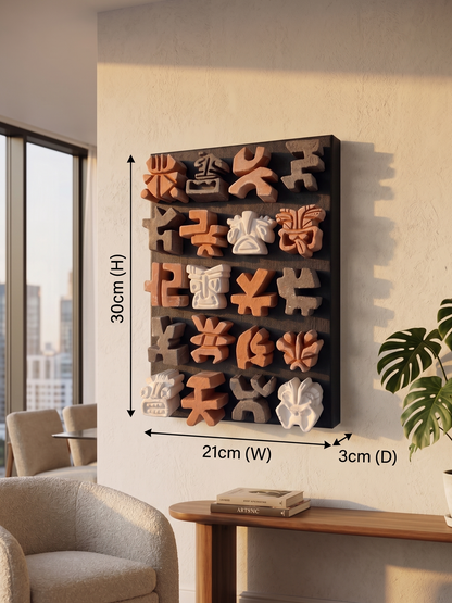Decorative wall art with wooden letters in a living room setting