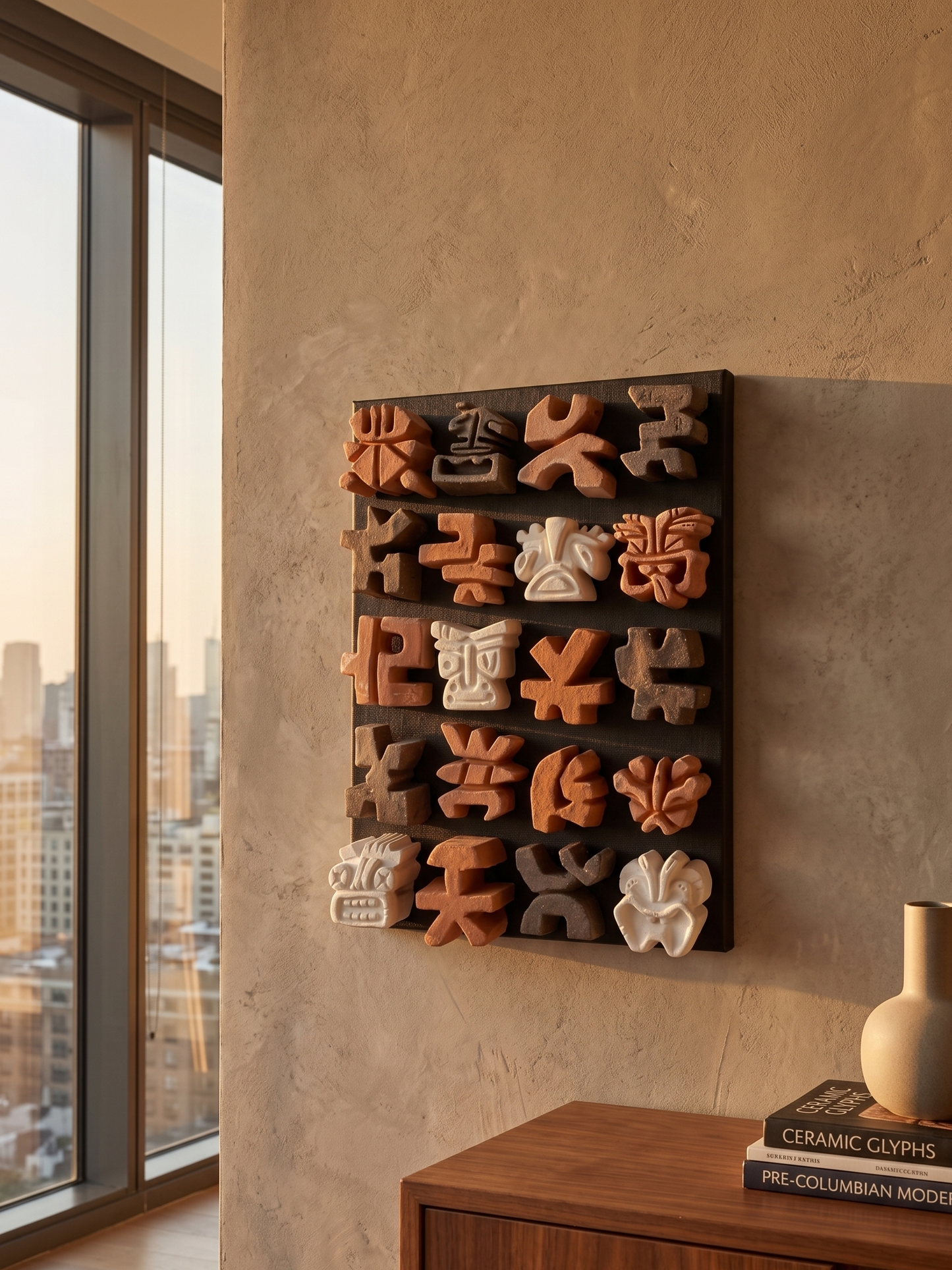 Ceramic wall art with various shapes on a textured wall next to a window with cityscape view.
