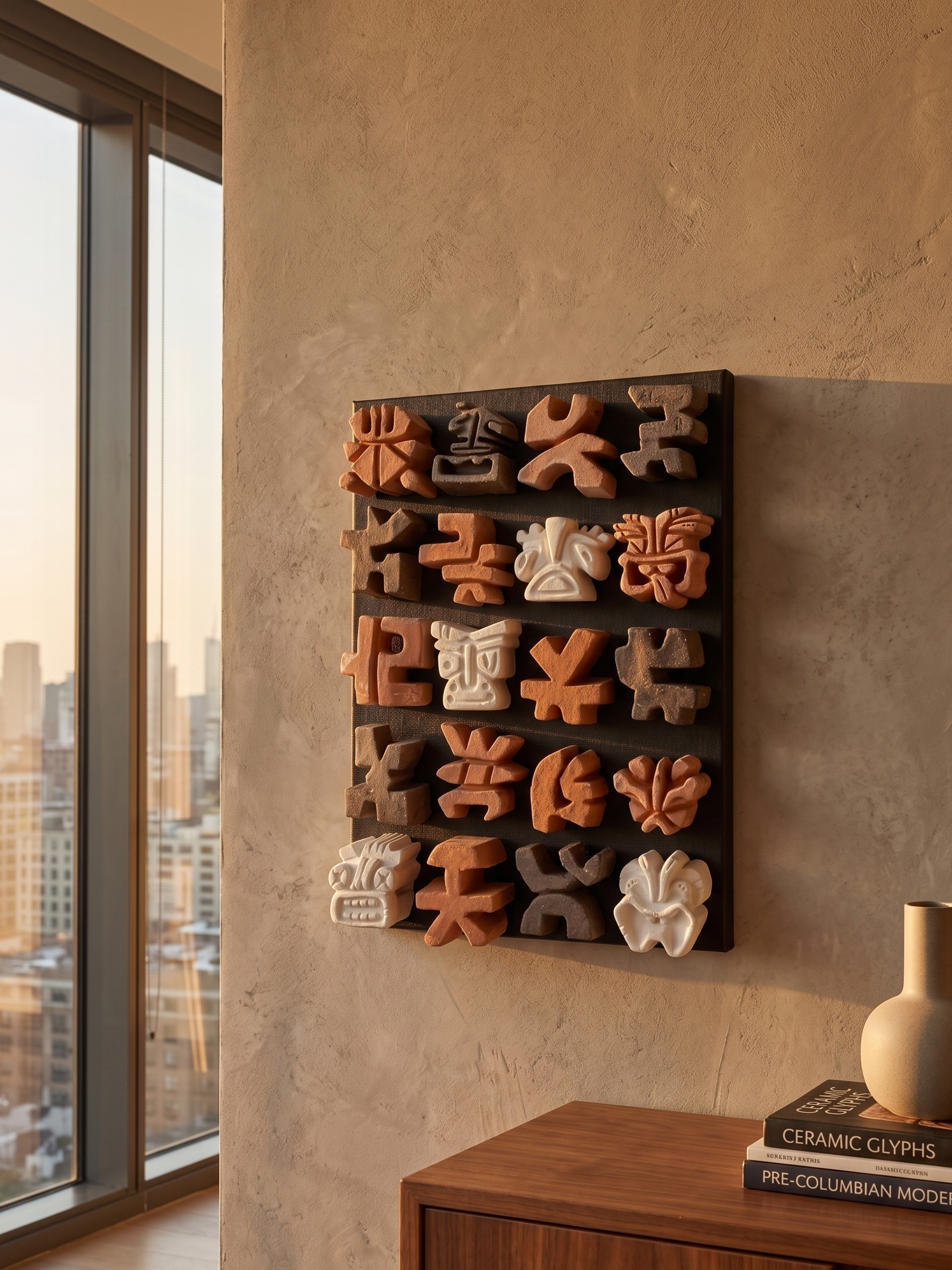 Ceramic wall art with various shapes on a textured wall next to a window with cityscape view.