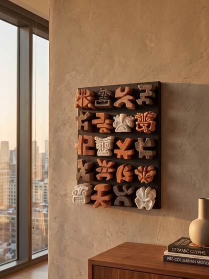 Ceramic wall art with various shapes on a textured wall next to a window with cityscape view.